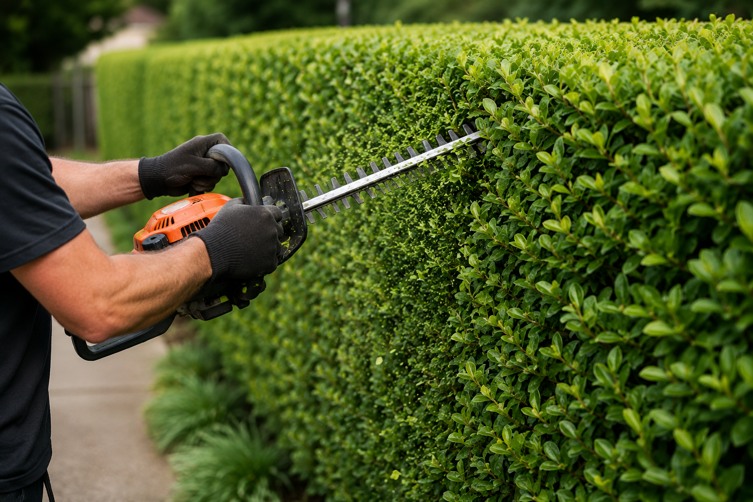 Gardener trimming a hedge to a string line