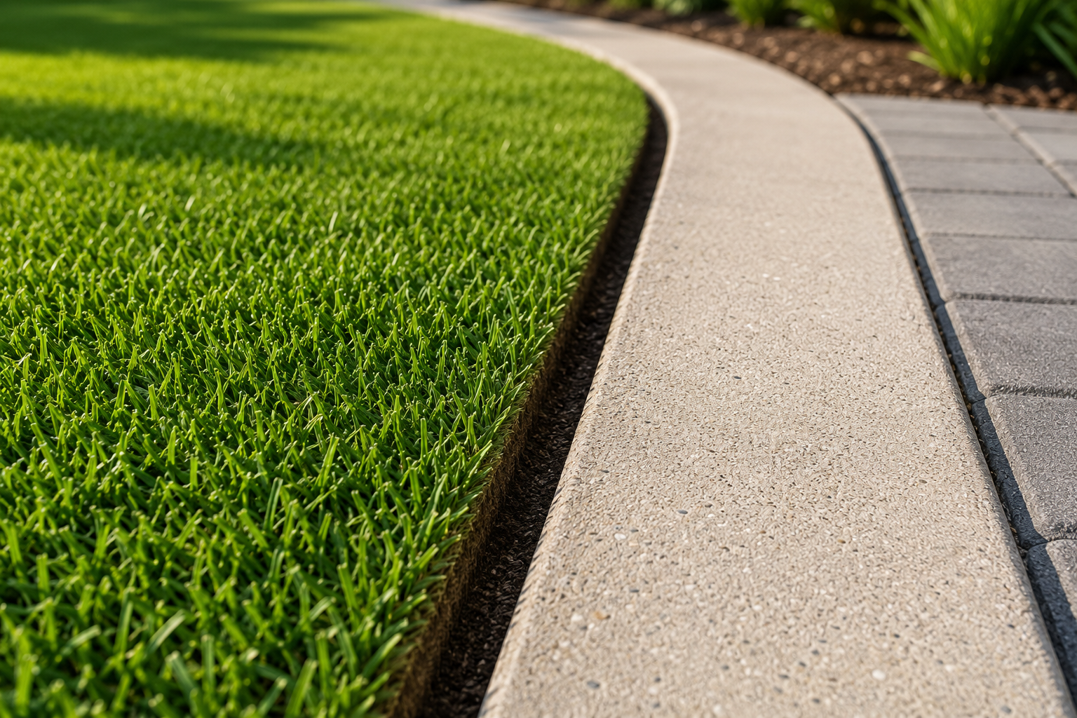 Crisp lawn edge cut against a concrete path