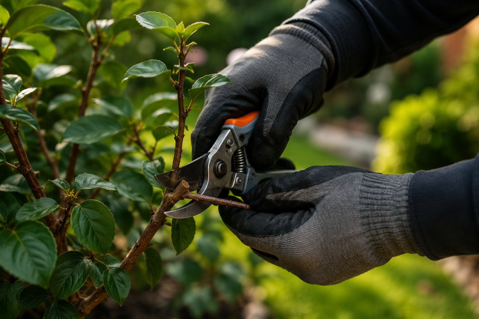 Gloved hands making a clean pruning cut with secateurs