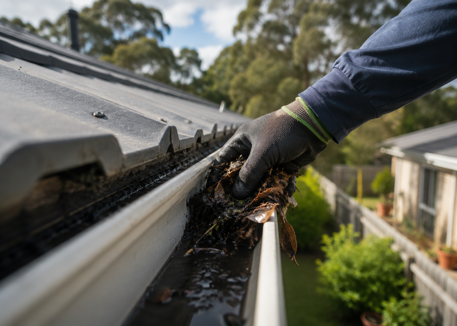 Clearing a local roof gutter by hand, removing built-up leaf litter and sludge