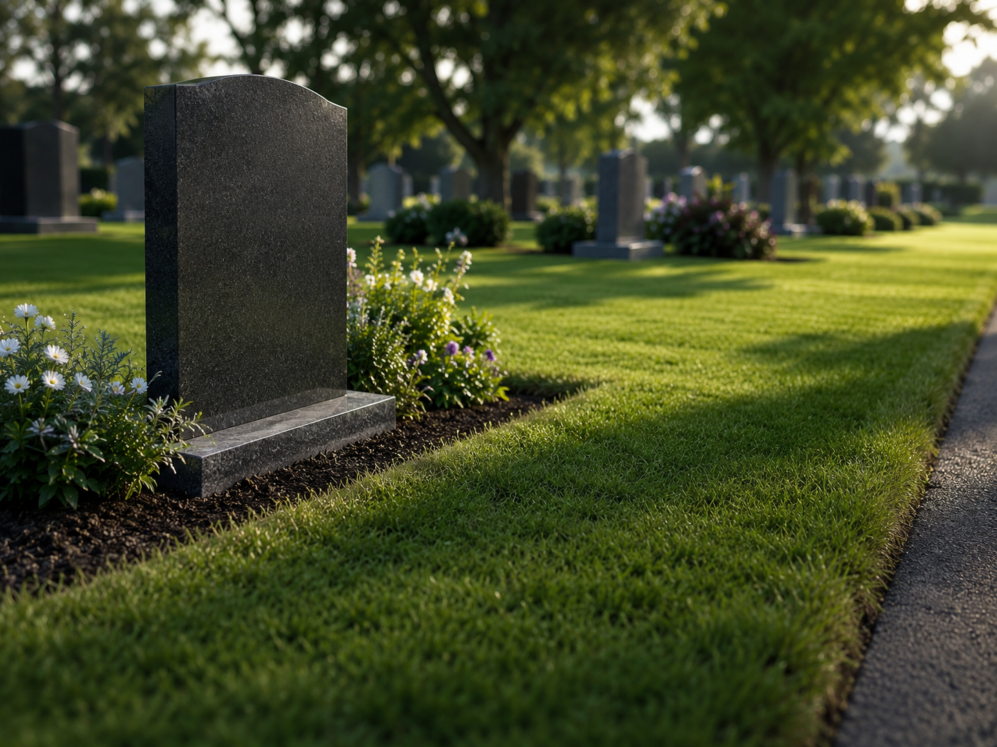 A well-kept cemetery lawn with a polished headstone and neat garden bed, photographed in soft morning light