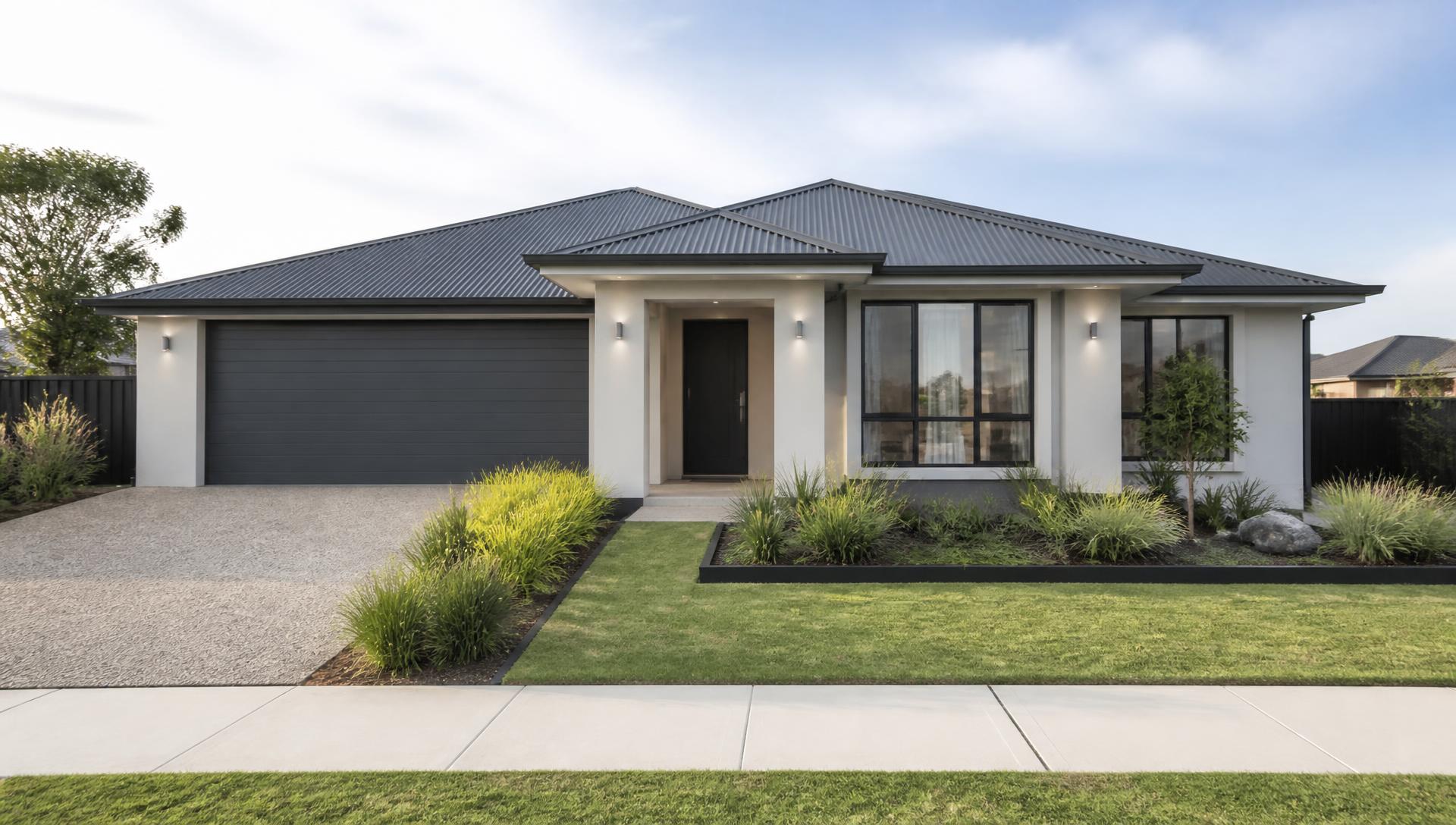 Modern Officer home with a neatly maintained front lawn and native garden beds
