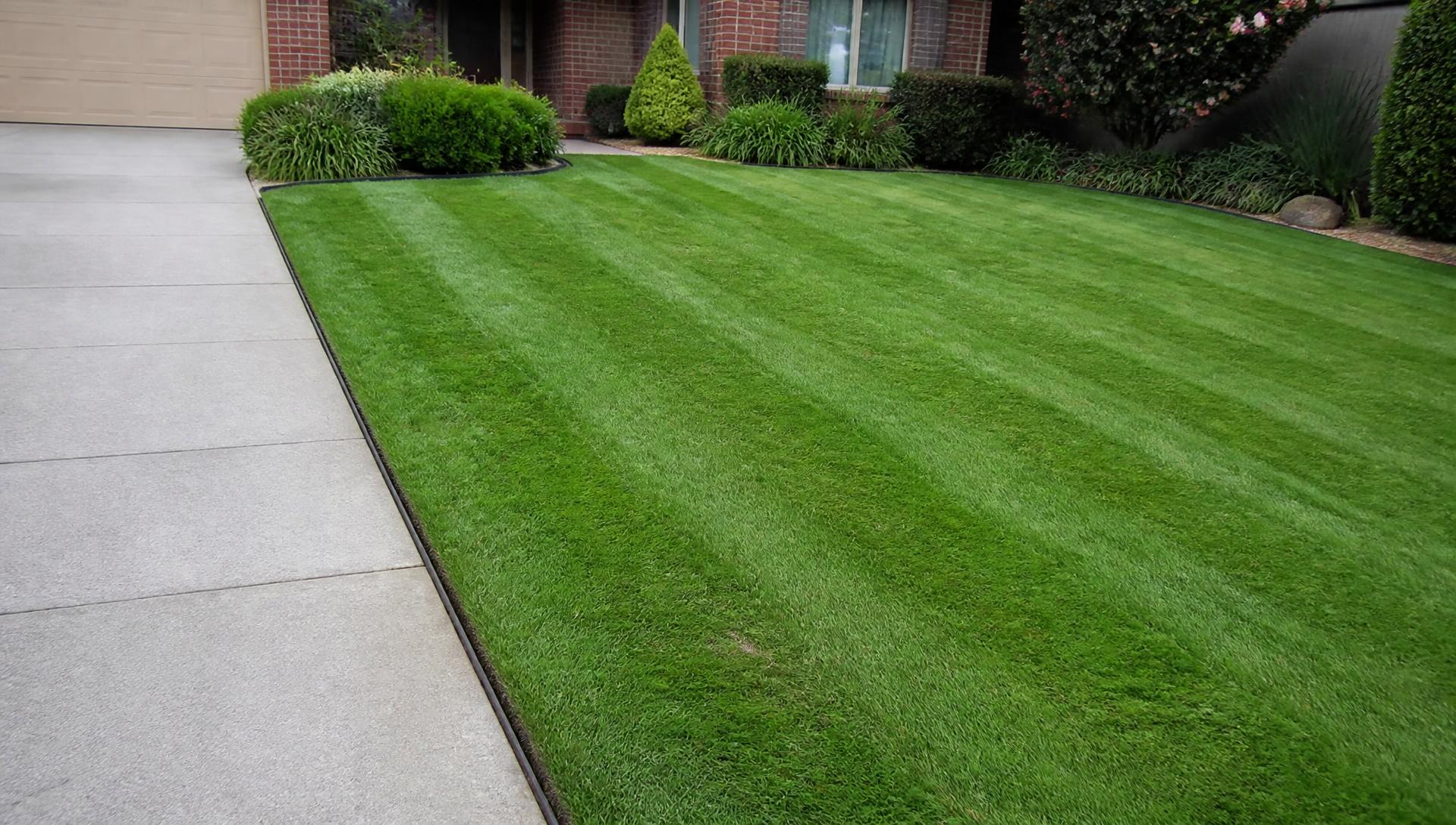 Freshly mown Pakenham front lawn with sharply edged garden borders beside a driveway