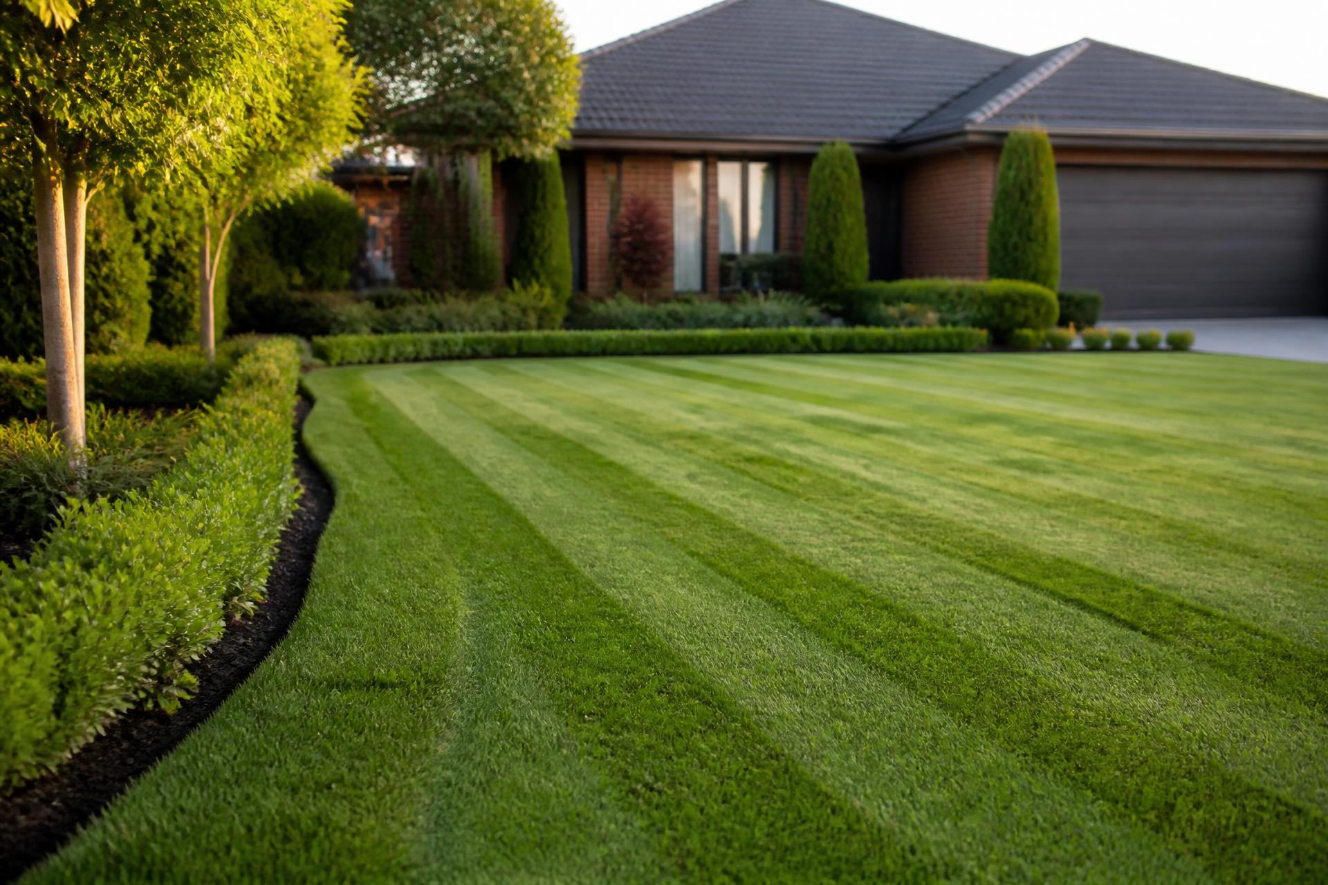 Freshly mowed and edged striped lawn in front of a Pakenham home