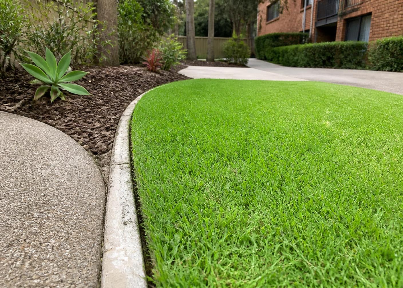 Crisp mown lawn edge beside a shared pathway and mulched garden bed at a managed residential property